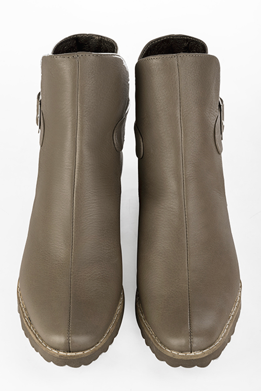 Women's taupe brown elegant ankle boots, with buckles at the back. Round toe. Thick rubber soles - Top view